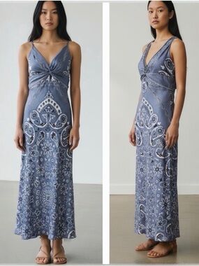 Caroline Constas Satin Blue Paisley Boho Maxi